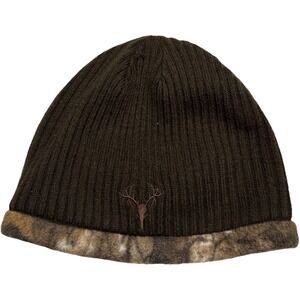 Mens Brown Ribbed Knit Beanie Deer Skull Logo Camo Fleece Lined Hunting Hat